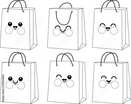 Cute shopping bag characters. Happy shopping bags for gifts. Vector black and white coloring page.