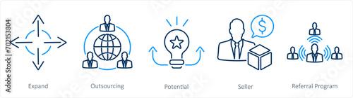 A set of 5 Increase Sale icons as expand, outsourcing, potential