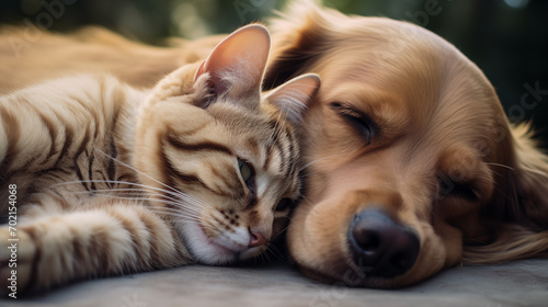 Wallpaper Mural cat and dog cuddling together . Cute image symbolizes friendship Torontodigital.ca