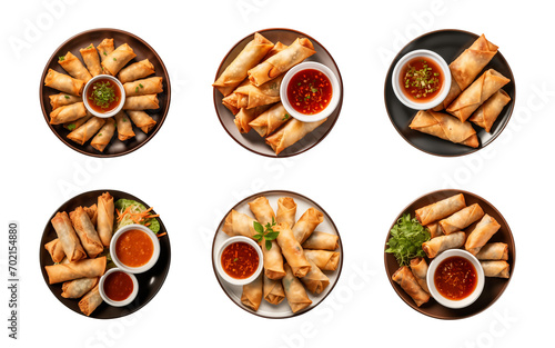 Collection plate of spring rolls with dipping sauce isolated on a transparent background, top view
