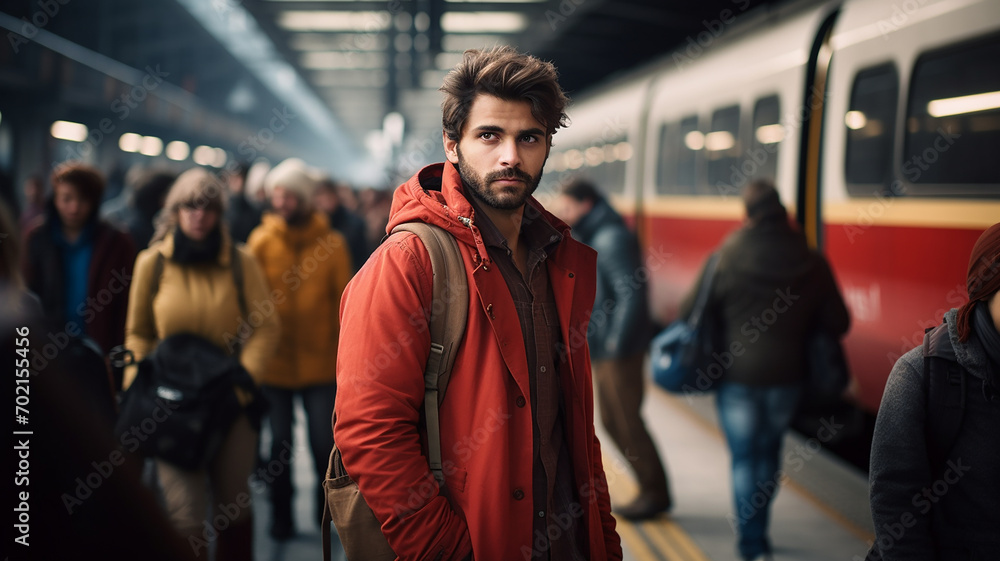 American man walking in the train station