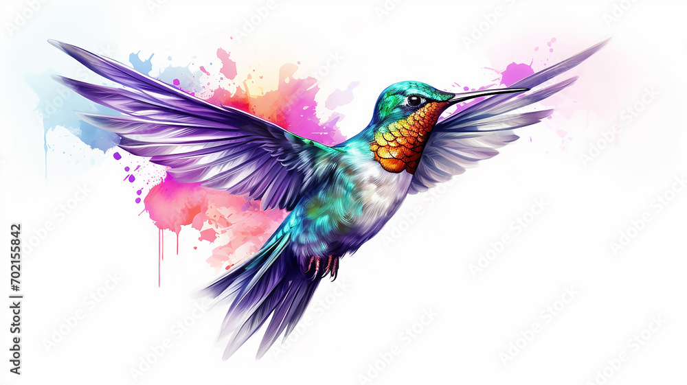 Fototapeta premium Hummingbird watercolor illustration, spots of liquid paint isolated on a white background