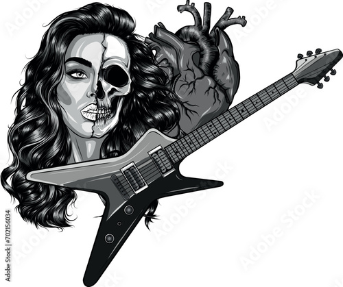 monochromatic electric guitar with humna heart and woman face