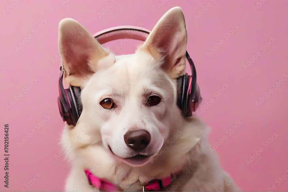 A cute dog listens to music with headphones. Portrait of a dog wearing headphones on a pink background.