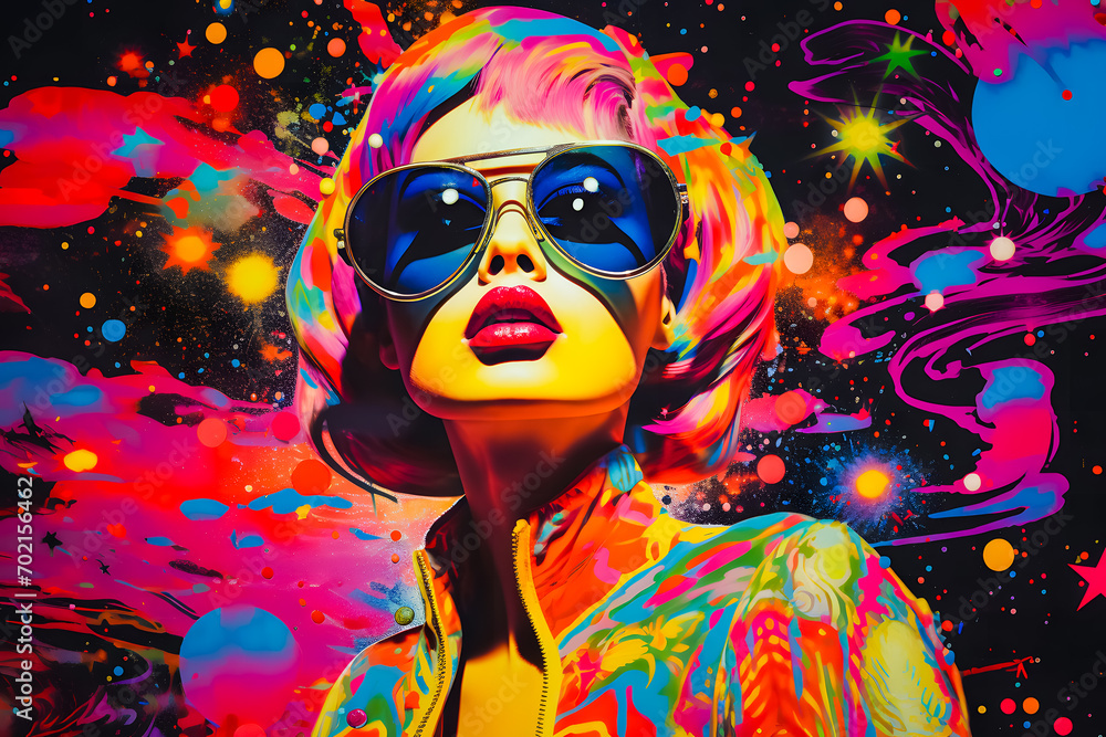 Femme avec des lunettes de soleil sur fond de ciel étoilé Femme avec des lunettes de soleil sur fond de ciel étoilé