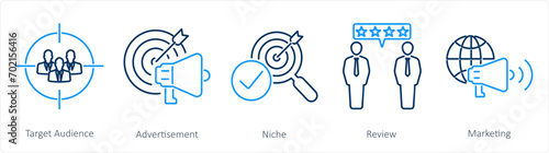 A set of 5 Influencer icons as target audience, advertisement, niche