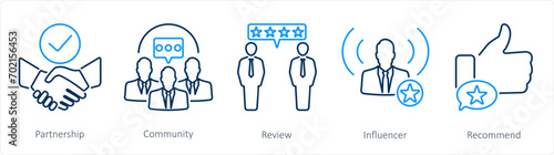 A set of 5 Influencer icons as partnership, community, review