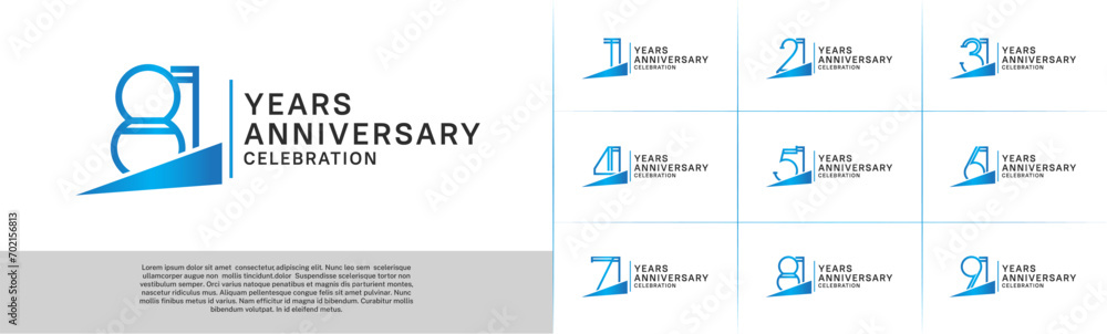 set of anniversary logotype blue color with blue ribbon for special celebration event - obrazy, fototapety, plakaty 