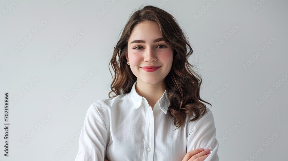 Cheerful brunette business woman student in white button up shirt Cheerful brunette business woman student in white button up shirt