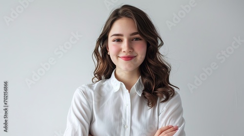 Cheerful brunette business woman student in white button up shirt