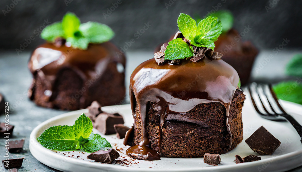 Chocolate mini cake with chocolate ganash and mint, selective focus image Chocolate mini cake with chocolate ganash and mint, selective focus image