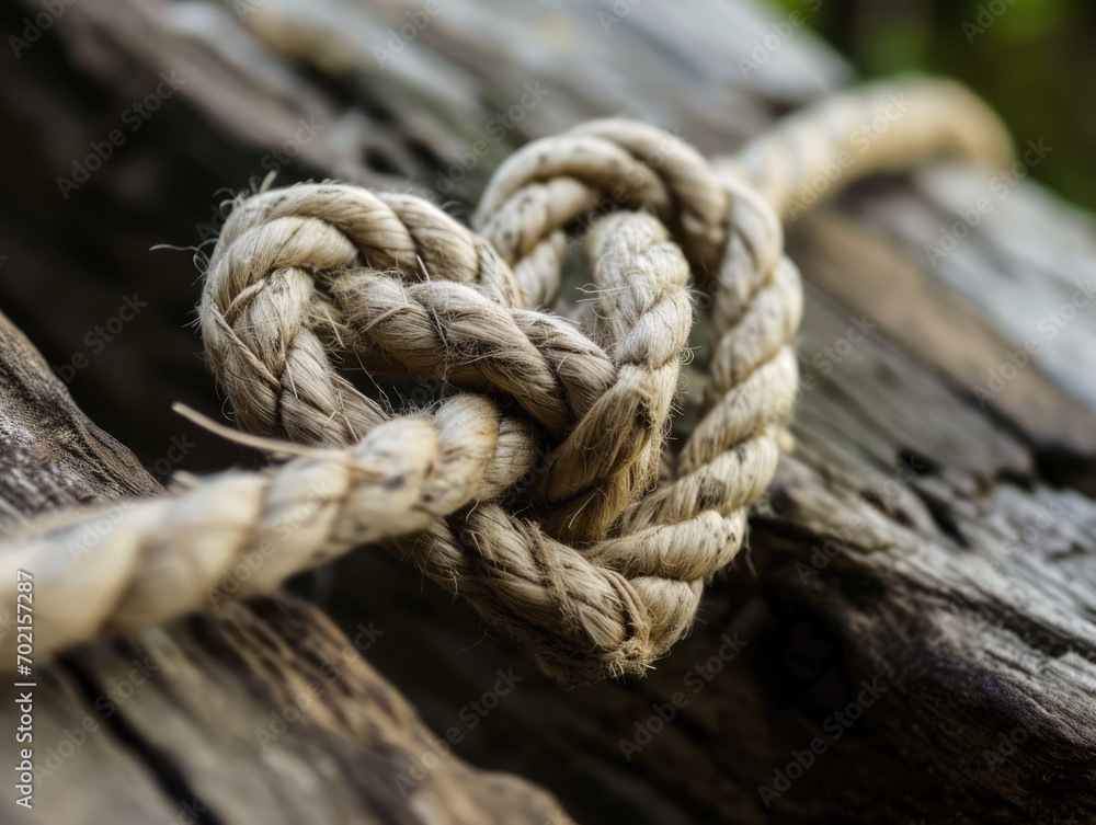 Close-up of a heart-shaped knot in a sturdy rope against a blurred background.