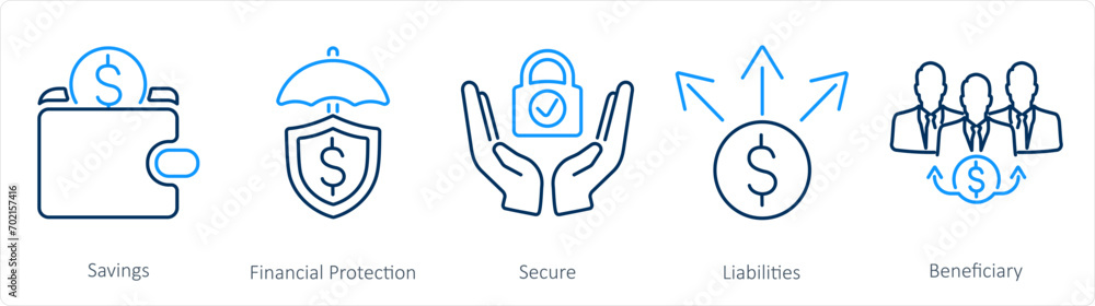 A set of 5 Insurance icons as savings, financial protection, secure A set of 5 Insurance icons as savings, financial protection, secure