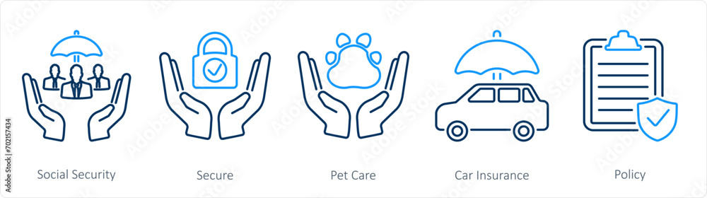 A set of 5 Insurance icons as social security, secure, pet care A set of 5 Insurance icons as social security, secure, pet care