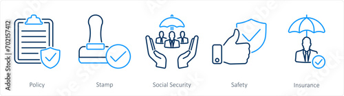 A set of 5 Insurance icons as policy, stamp, social security
