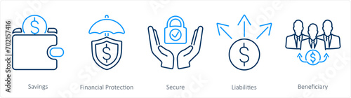 A set of 5 Insurance icons as savings, financial protection, secure