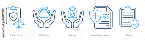 A set of 5 Insurance icons as travel care, pet care, secure