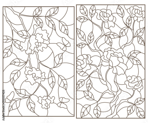 A set of contour illustrations of stained glass Windows with rosees in frames, dark contours on a white background