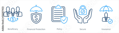 A set of 5 Insurance icons as beneficiary, financial protection, policy