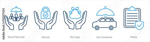 A set of 5 Insurance icons as social security, secure, pet care