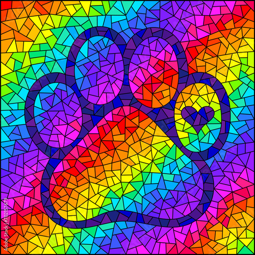 An illustration in the style of a stained glass window with a cat's paw on a bright rainbow background