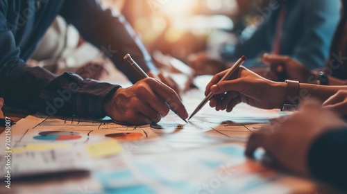 Close-up image of a professional businesspeople are pointing their pen at a paper, discussing, brainstorming, and voting on a plan. Business people concept photo