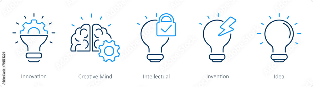 A set of 5 Intellectual Property icons as innovation, creative mind, intellectual A set of 5 Intellectual Property icons as innovation, creative mind, intellectual