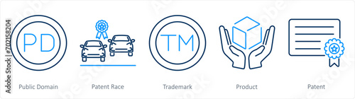 A set of 5 Intellectual Property icons as public domain, patent race, trademark