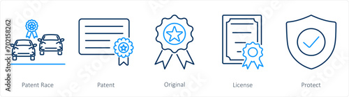 A set of 5 Intellectual Property icons as patent race, patent, original