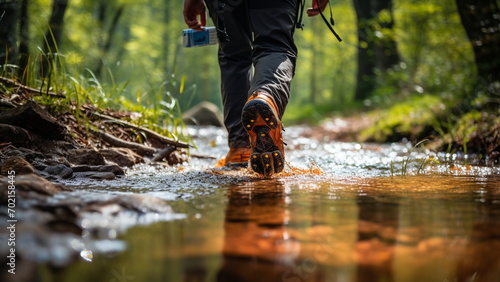 Close up photo A hiker walking crossing the small river low angle shot with Generative AI