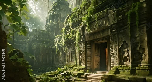 A forgotten temple in a dense forest with vegetation and moss. Mystery and exploration concept. photo