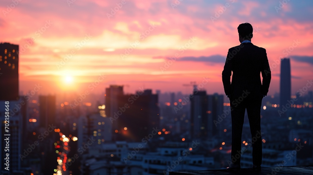 Confident businessman standing on the building rooftop while looking at the silhouette of cityscape Confident businessman standing on the building rooftop while looking at the silhouette of cityscape