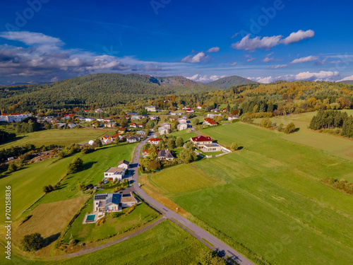 Fall colors in Austrian Burgenland. Beautiful village aerial view. Landscape with beautiful clouds and buildings. Countryside. © Evgeniya