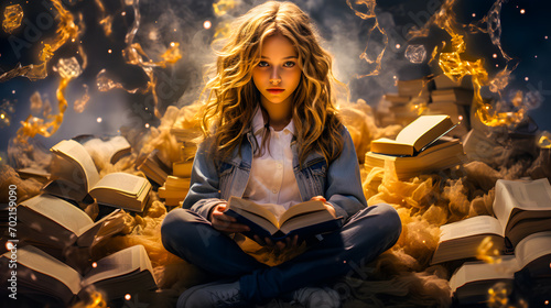 Jeune fille assise pari des livres ouverts en train de lire photo