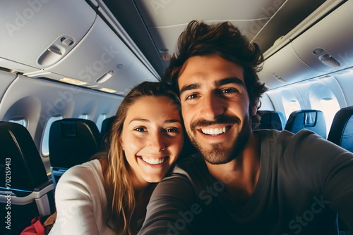 young couple in the airplane, Generative AI