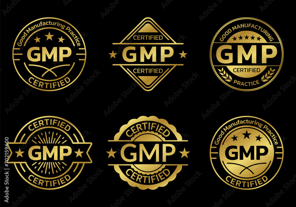 GMP certified icon or logo set. Good manufacturing practice stamp or badge. Vector illustration.