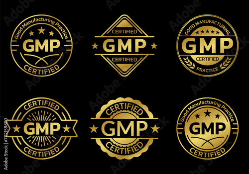 GMP certified icon or logo set. Good manufacturing practice stamp or badge. Vector illustration.