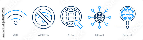 A set of 5 Internet Computer icons as wifi, wifi error, online