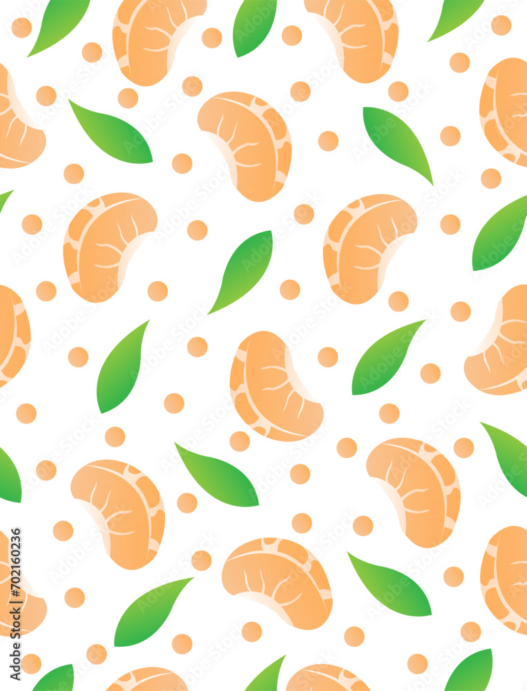 Tangerine slice pattern with leaves on white background.