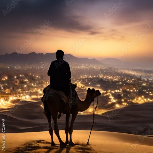 Silhouette of man riding a camel over the desert at night © Holly