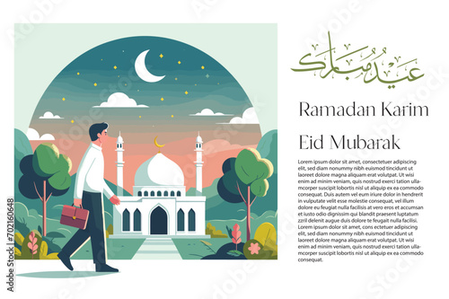 man going to white mosque at night in ramadan night and eid mubarak theme illustration (ID: 702160648)