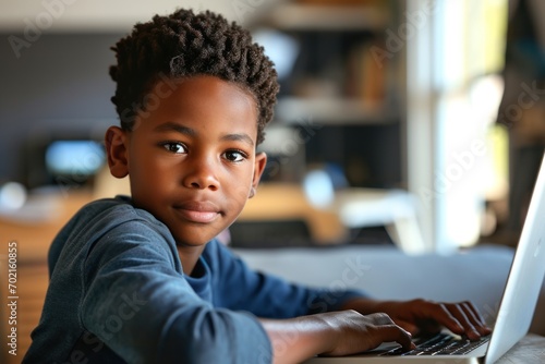 African American boy sitting at the table, look at the camera using the laptop for online lesson learning photo
