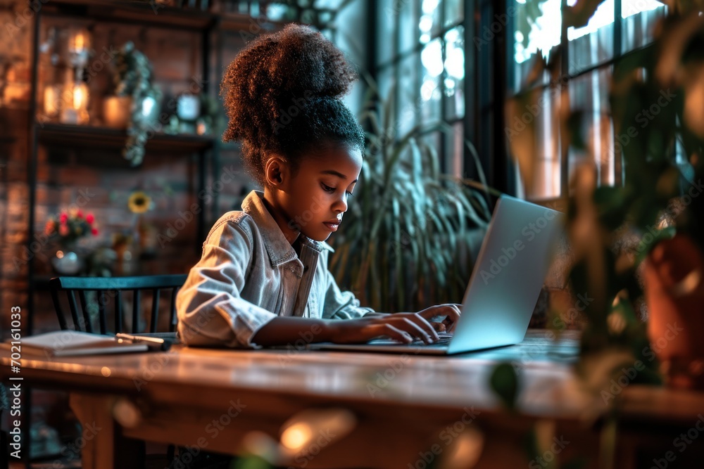 African American girl sitting at the table, using the laptop for online lesson African American girl sitting at the table, using the laptop for online lesson