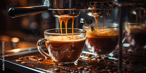 Black coffee with milk on a coffee maker. Black Coffee with Milk on the Espresso Machine