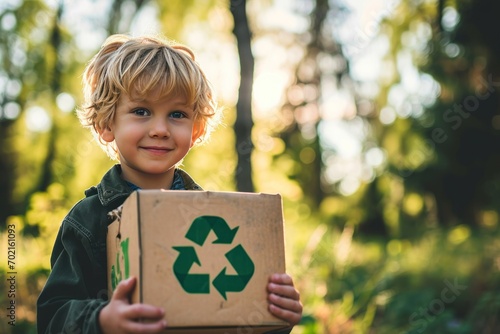 boy holding a box with a plastic recycling in the park photo