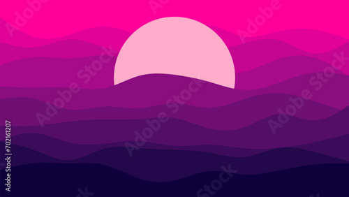 Landscape with mountains and sun. Sunrise. Mountainous terrain. stock illustration. Abstract PURPLE wavy line pattern background with copy space.