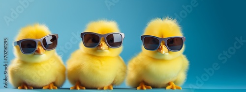 Funny easter concept holiday animal greeting card - Group of cool cute little easter chicks babies with sunglasses, isolated on blue background