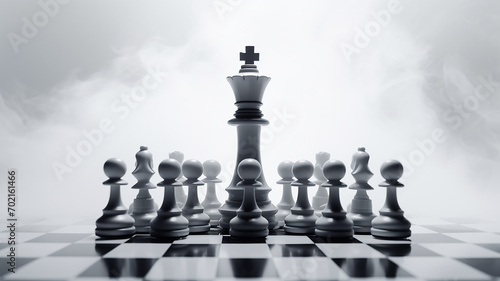 a group of chess-like figures on a white background of fog and smoke, the concept of strategy decision-making, business tactics. fictional chess pieces