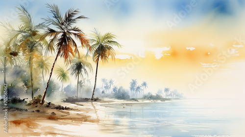 panoramic view tropical climate, simple watercolor illustration of palm trees, landscape morning on the tropical seashore photo