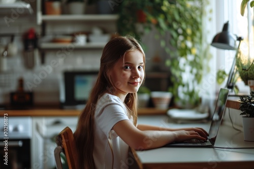 Girl sitting at the table, using the laptop for online lesson Free Download Girl sitting at the table, using the laptop for online lesson - GFXLoad